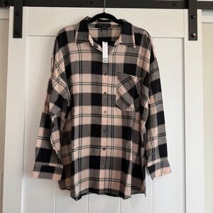 NWT SANCTUARY Black and Pink Plaid Long Sleeve Button Down Size XL